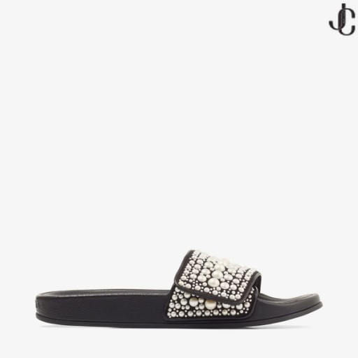Black Canvas and Leather Slides with Pearls FITZ/F High Summer 2021