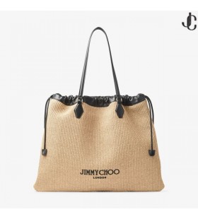 Drawstring Tote L Natural Soft Raffia Tote with Smooth Calf Leather with Jimmy Choo Logo