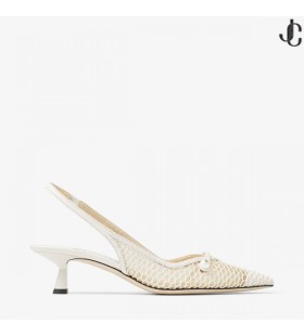 White Fishnet Mesh and Latte Nappa Slingback Pumps AMITA 45 Summer 2022 collection