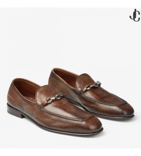 MARTI REVERSE Dark Tan Buffalo Leather Loafers with Chain Embellishment Summer Collection