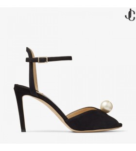 SACORA 85 Black Suede Sandals with Pearl Embellishment Summer Collection