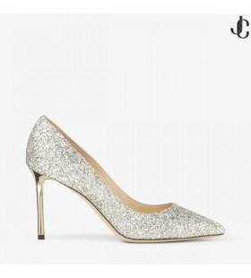 Champagne Coarse Glitter Fabric Pointy Toe Pump ROMY 85 Pre Fall 19