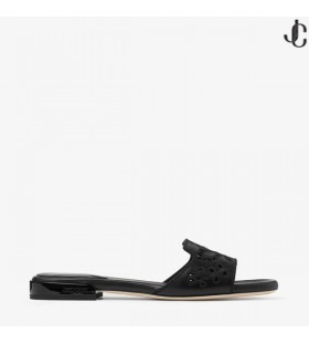 Ariane Flat Black Nappa Leather Slide with Sangallo Embroidery
