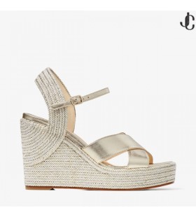 Champanhe Nappa Couro Sandálias de Cunha com Metalizado Corda Thread DELLENA 100 Pré-Fall '20