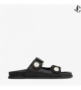 FAYENCE SANDAL Dubh Leathar Sandals Maol le Embellishment Pearl Bailiúchán Samhraidh