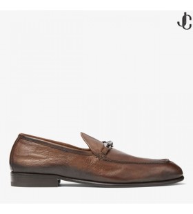 MARTI DROIM ar ais Dark Tan Buffalo Leathar Loafers le Embellishment Slabhra Bailiúchán Samhraidh