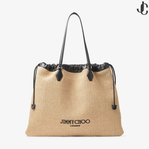 Drawstring Tote L Molle Naturale di Rafia Tote con superficie Liscia in Pelle di Vitello con Logo Jimmy Choo