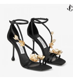 ZEA 95 Nero Sandali in Raso con Fiori Metallici Nuova Collezione