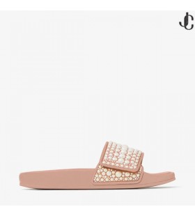 FITZ/F Ballet Pink Canvas and Leather Slides with Pearl Embellishment Winter 2022 collection