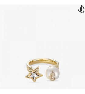 Oro-Finitura Anello di Metallo con Cristalli di Stelle e Perla JC Stelle Anello con Perla Collezione di Gioielli
