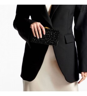 クリーミィーの黒サテンの結晶刺繍のクラッチバッグ