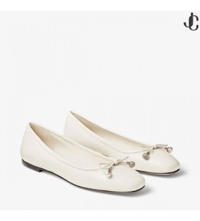 Letnie Buty ELME FLAT Latte ze skóry Nappa z perłowym wystrój