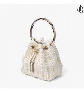 Satynowa torebka Bon Bon w kolorze kości słoniowej z pereł na całej powierzchni