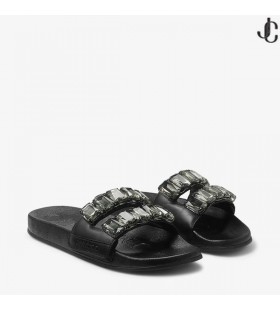 피츠/크리스탈 블랙 Nappa 가죽 크리스털 슬라이드