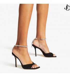 SAEDA 샌들 100 블랙 스웨이드 샌들과 함께 크리스탈 꾸밈