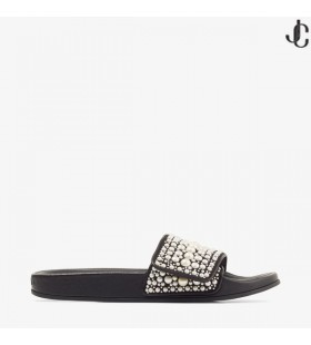 Black Canvas and Leather Slides with Pearls FITZ/F High Summer 2021