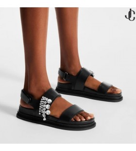 Verity Sandál Ploché Černé Kožené Ploché Sandály Crystal