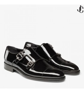 FINNION MONKSTRAP Sort Patent Læder Munk-Rem Sko med Nitter Sommer Kollektion