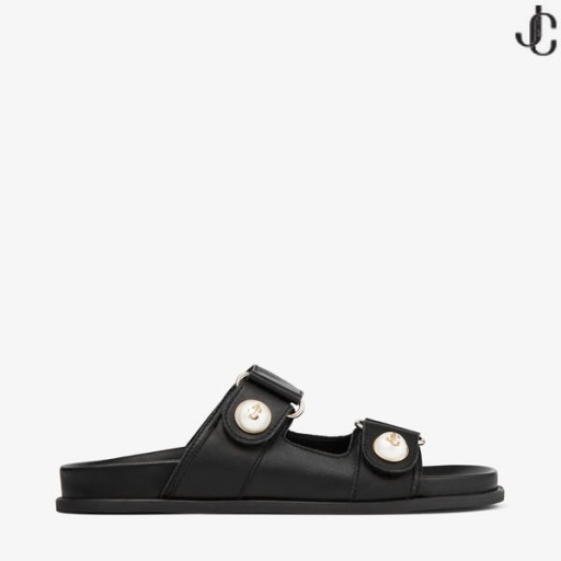 FAYENCE SANDAAL Zwart Lederen Platte Sandalen met Parel Versiering Zomer Collectie