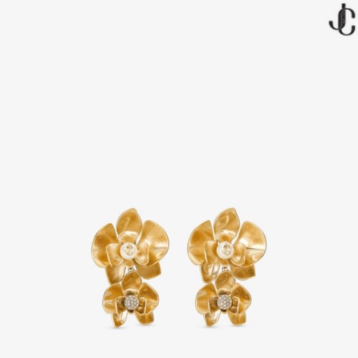 PETAL DUBBELE OORBEL Goud-Finish Oorbellen met Kristal en Parel Versiering Nieuwe Collectie