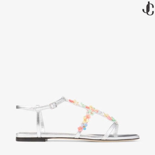 Gwyn Daisy Flatscreen Zilver Metallic Nappa Sandaal met Daisy Borduurwerk