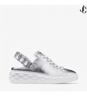 Diamond Sling Zilver Metallic Lederen Slipper Trainers met Crystal Riem