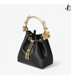 Bon Bon Zwart Satijn Emmer Zak met Metalen Bloemen