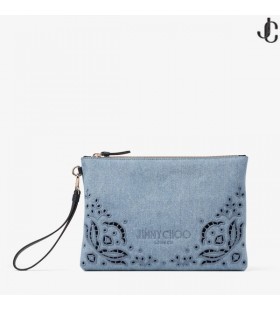 Met rits Vlakke Zak Blauwe Waas Denim Zakje met Sangallo Borduurwerk