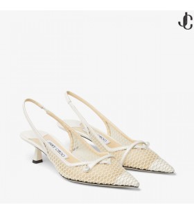 Witte Visnet Mesh en Latte Nappa Slingback Pumps AMITA 45 de Zomer van 2022 collectie
