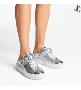 Diamond Sling Zilver Metallic Lederen Slipper Trainers met Crystal Riem