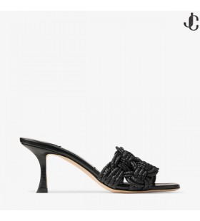 Chara 70 Musta Nahka ja Virkkaa Raffia Muuli Sandaali