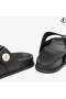 FAYENCE SANDALE Sandales Plates en Cuir Noir avec Perle Embellissement de la Collection Été