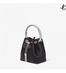 Bon Bon en Satin Noir, Sac avec Poignée de Cristal