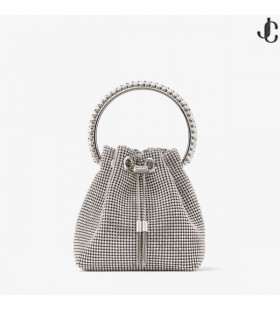 Bon Bon Argent Satin Crystal Mesh Sac avec Poignée de Cristal