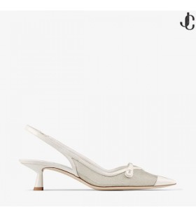 Amita 45 Latte and Champagne Patent and Metallic Mesh Sling Back Pumps