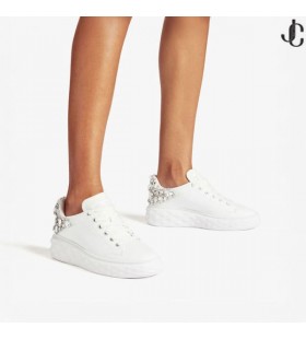 Diamant Maxi/F Ii Blanc et Argent en Cuir Nappa de Formateurs avec des Cristaux Nouvelle Collection