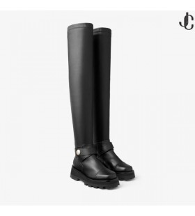 Meena OTK Plat en Cuir Noir Sur Le Genou Bottes