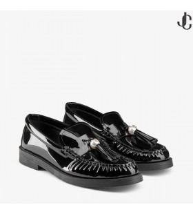 Addie/Perle Noire de Cuir verni Plat des Mocassins avec Perle Pompon