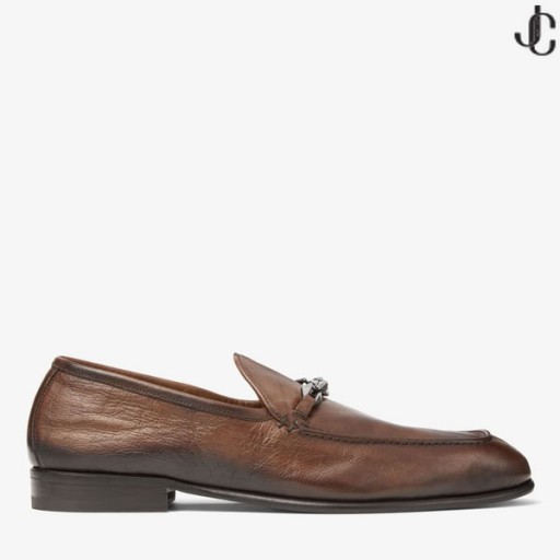 MARTI REVERSE-Dark Tan Buffalo-Leder-Loafer mit Kette Verschönerung Sommer-Kollektion