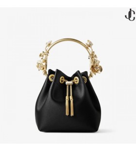 Bon Bon Schwarze Satin-Eimer-Tasche mit Metall-Blumen