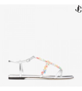 Gwyn Daisy Flat Silver Metallic Nappa Sandale mit Gänseblümchen-Stickerei