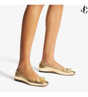 ELME FLAT Gold Metallic-Nappa-Leder-Wohnungen mit Perle Verschönerung Sommer-Kollektion