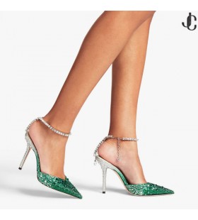 Saeda 100 Smaragd Satin Pumps mit Kristallen